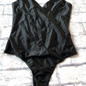 NEW Timing women’s Small Thong Satin Spandex spaghetti strap black bodysuit NWO